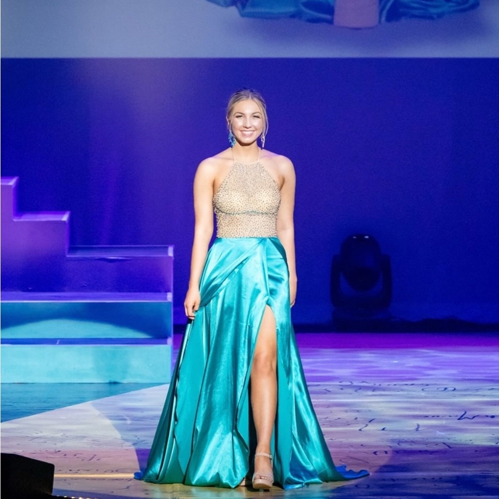 Size 2 nude and teal fully crystal'd bodice sateen wrap gown by Sherri Hill NWOT